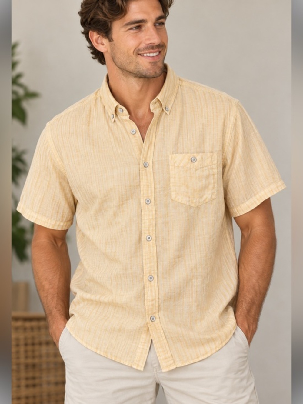 Vintage Weatherproof Washable Linen Striped Button Down Shirt Men’s Medium